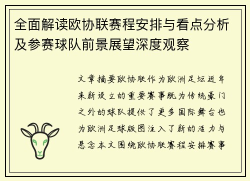 全面解读欧协联赛程安排与看点分析及参赛球队前景展望深度观察